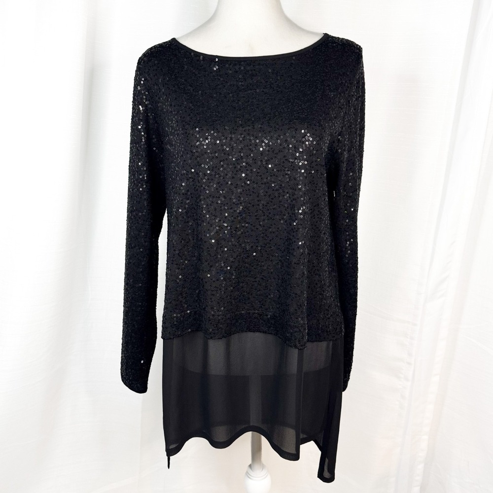 Eileen Fisher Petite PS Black Silk Sequin Tunic Top Chiffon High Low Evening